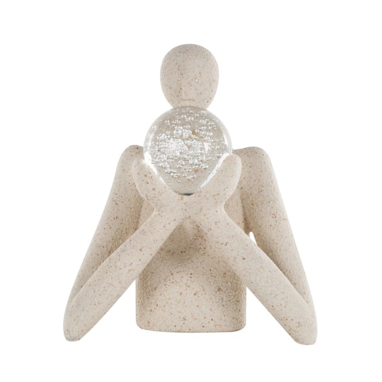 12.75" Cream People Abstract Textured Polystone Sculpture with Clear Glass Ball & Gold Speckles